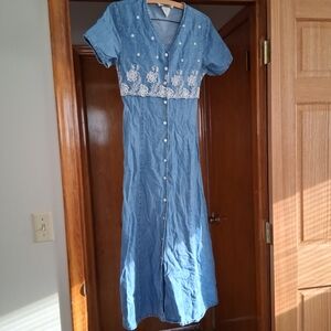 Chic Denim Blue Maxi Dress with White Embroidery